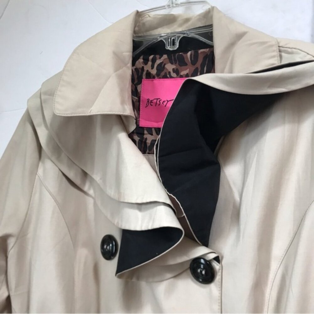 Betsey Johnson Ruffle Trench Lightweight Double Breasted Coat Cotton Tan Belt L - Picture 9 of 15